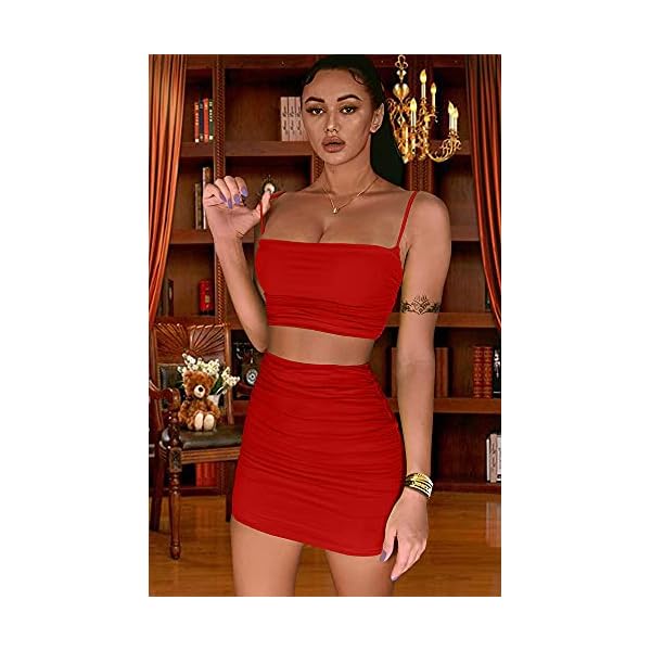 BEAGIMEG-Womens-Ruched-Cami-Crop-Top-Bodycon-Skirt-2-Piece-Outfits-Dress BEAGIMEG Women's Ruched Cami Crop Top Bodycon Skirt 2 Piece Outfits Dress Red