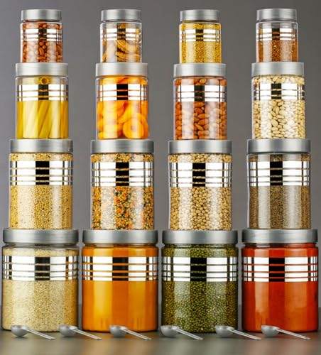 Image of Kitchen Storage Container Set, Transparent, PET Material, Airtight, Round, 1200ml 650ml 350ml 250ml, (Pack Of 16)