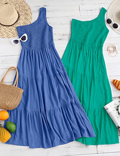 Image of ZESICA Women's 2026 Bohemian Summer Floral Print One Shoulder Sleeveless Smocked Ruffle Tiered Beach Long Midi Dress