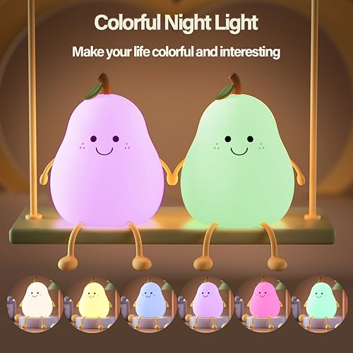 Image of Led Cute Pear Night Light, Dimmable Nursery Lamps, Super Squishy Silicone USB Rechargeable Touch Control 7 Colors Night Lamp for Kids Adults, Used for Camping Party Room Decor(Pear)