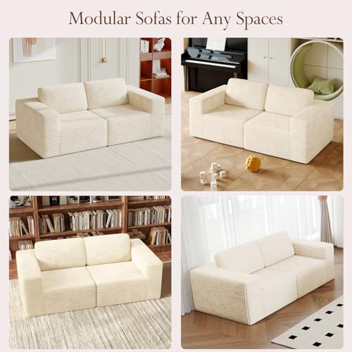 Image of Vesgantti 80 inch Modular Sectional Sofa, Corduroy Cloud Couch with Deep Seating & Spring Support, 2 Seater Compact Modular Couch, Boneless Sectional Sofa for Small Spaces, No Assembly Required, Beige