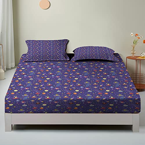 Alien Theme California King Bedding Fitted Sheet,Space Characters Galaxy Pattern,Decorative Printed 3 Piece Bedding Decor Set,Deep Pocket All Around Elastic(Multicolor) #TOP16