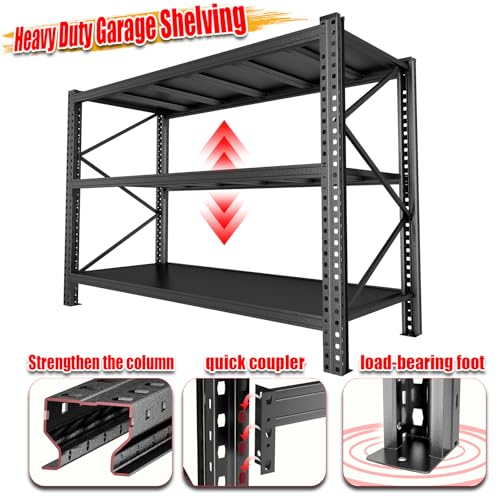 Image of Heavy Duty Metal Garage Shelving Unit, 3-Tier Adjustable Storage Shelves, 3000LBS for Garage & Basement, Kitchen and Pantry Industrial Steel Rack, Ideal for Tool Organization & Storage, Black, 67 inchW