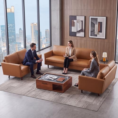 Image of Kingfun 3 Piece Living Room Furniture Sets, 3 Seater Couch and 2 Loveseat, Faux Leather Couch Set, Mid Century Modern Sofa Set with Solid Wood Frame for Living Room, Office, Mid Brown