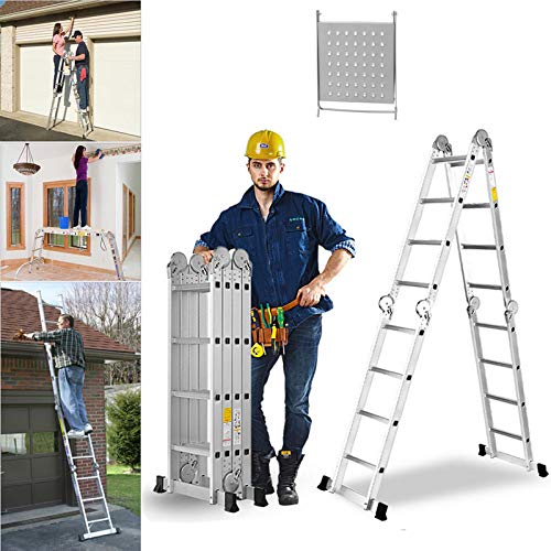 4.7M Klappleiter mit Plattform 4x4 Sprossen und Stabilisator Aluleiter Multifunktionsleiter Gerüst Leiter 6 in 1 Anlegeleiter Stehleiter - bis 150 KG belastbar
