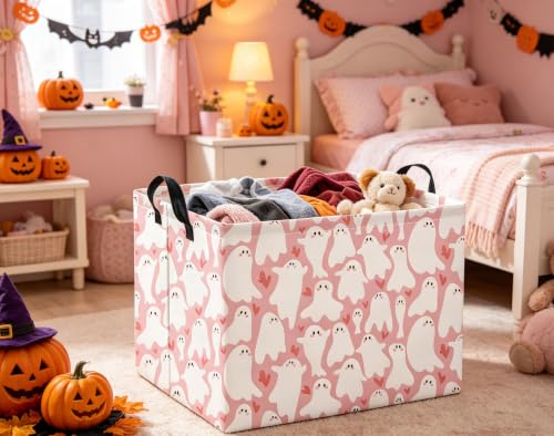 Image of Halloween Basket Cute Baskets for Kids Pumpkin Basket Rectangular Storage Bin Organizer Box Room Decor(Pink Cute Ghost)