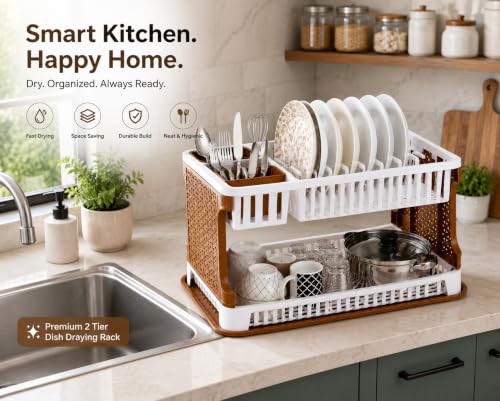 Image of JD FRESH 2 Tier Dish Drying Rack for Kitchen /Plastic Foldable Cutlery Holder for Countertop Rack /Compact Size Utensil Drainer Organizer with Water Tray /Space Saving Plate Stand (Brown)