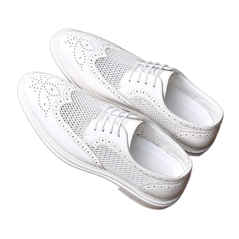 White Shoes Dress Oxford for Men Lace Up Pointed Toe Brogue Embossed Wing tip Patent Leather Breathable Hollow Shoes Slip Resistant Block Heel Anti-Slip Party2