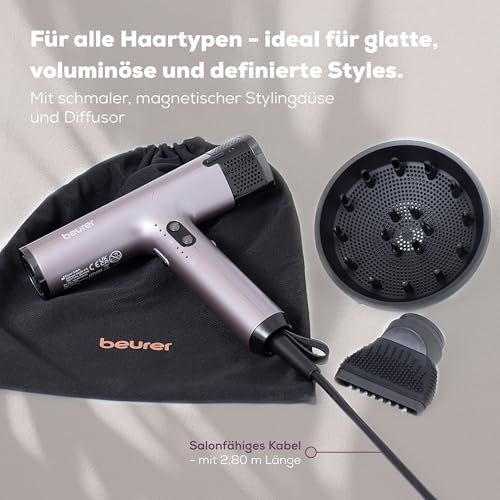Beurer HC 100 Excellence Haartrockner, Föhn mit kraftvollem Digitalmotor, trocknet bis zu 20% schneller, leichtes Gewicht, besonders leise, Ionenfunktion für glänzendes Haar, inkl. Volumendiffusor