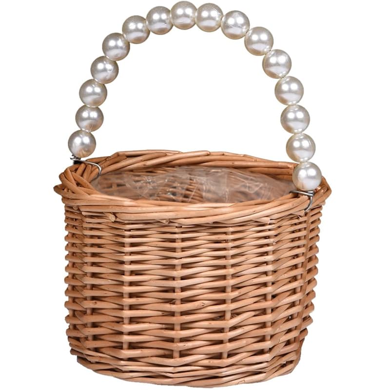 BETAULIFE Wicker Rattan Flower Girl Basket,Pearl Handle Flower Basket,Flower Girl Basket for Wedding and Home Decorations.
