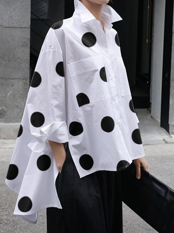 oshoplive Women's 2025 Loose Flowy Blouse Tops Polka Dot Long Sleeve Button Down Side Slit High Low Hem Tunic Shirt4