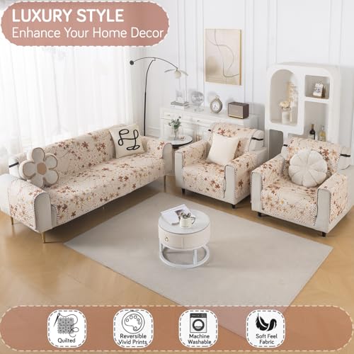 Image of HOKIPO Double Sided Quilted Sofa Cover 5 Seater Fully Covered, (3+1+1) Sofa Cover Set, Easy Drape Series, Golden Bloom (IN-1101 + IN-1099 * 2-ED8)