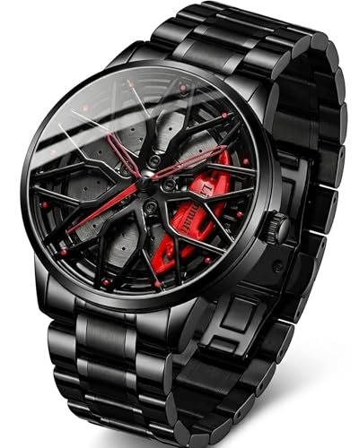 Image of Men's Quartz Watch with Rotating Alloy Wheel Dial | Brake Disc Inspired Sport Car Wheel Watch for Men & Boys, Black Stainless Steel Bracelet, Red Hands Spinner Design