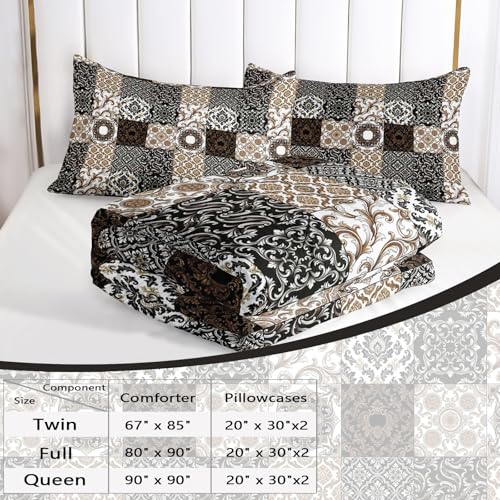 Image of AILONEN Brown Black Patchwork Comforter Set Full Size, Vintage Geometric Boho Bedding with 2 Pillowcases, Soft Microfiber