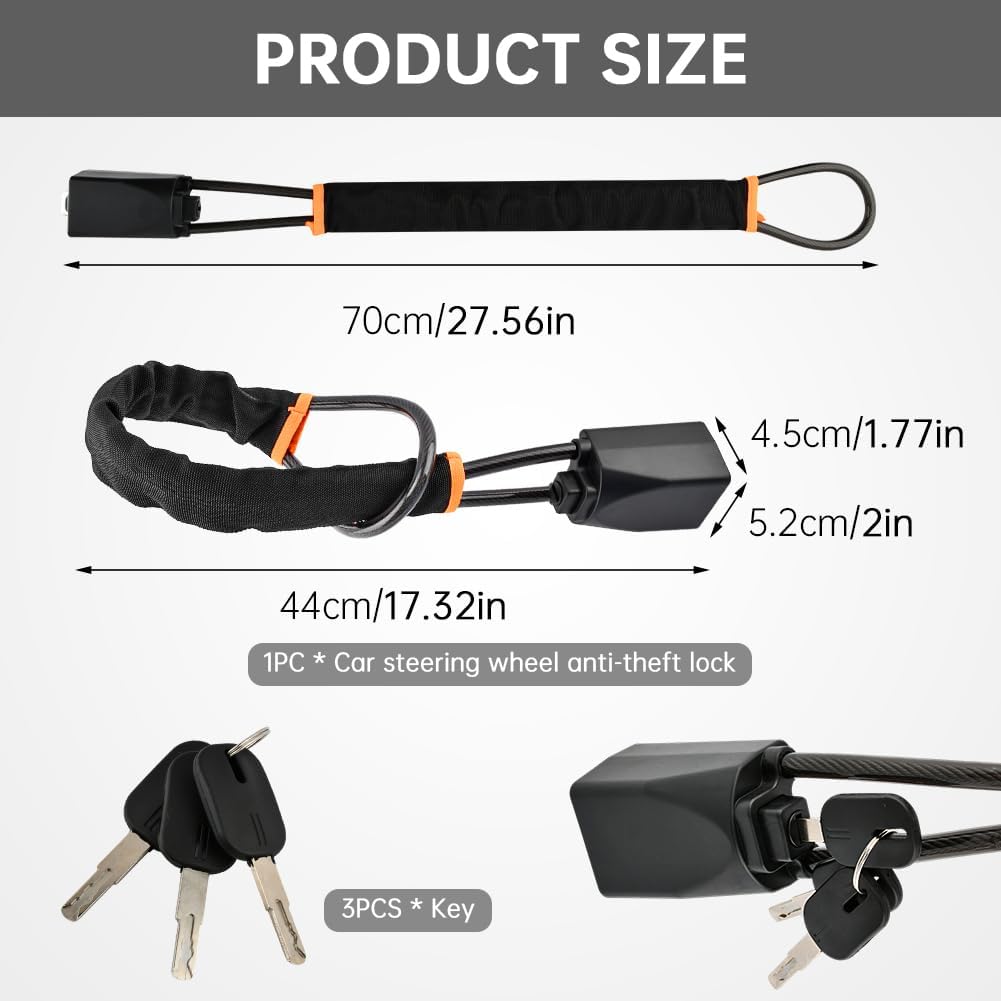 Car Steering Wheel Lock Seat Belt Lock with 3 Keys, 17" Universal Anti-Theft Car Device for Vehicles, Fit Most Vehicle, SUV, Golf Cart Anti-Theft Device