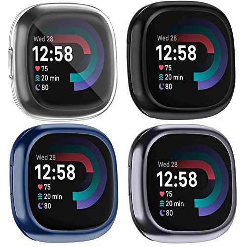 [4 Pack] Screen Protector Case Compatible for Fitbit Sense 2 / Fitbit Versa 4 Slim Fit Full Protective Cover Shockproof Bumper Glossy Soft TPU Sense 2 Case Cover (Black+Graphite+Navy Blue+Clear)