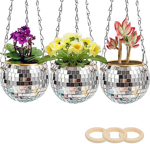 Enparez 3 Pack Disco Ball Planter,Disco Ball Hanging Planter,Indoor Outdoor Small Plants Succulent Flower Pots , 4"Mirror Planter With Chain,70s Retro Silver Disco Decor Funky Boho Decor Daughter Gift