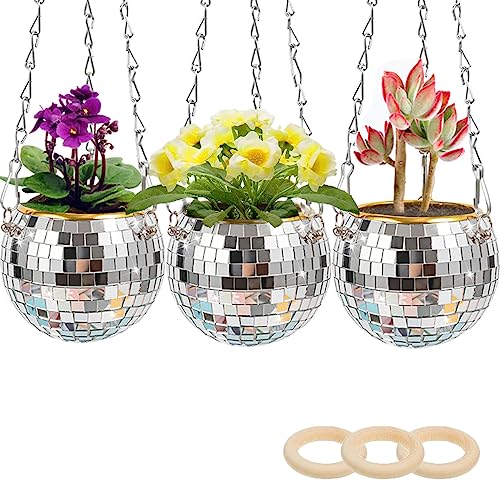 Enparez 3 Pack Disco Ball Planter,Disco Ball Hanging Planter,Indoor Outdoor Small Plants Succulent Flower Pots , 4"Mirror Planter With Chain,70S Retro Silver Disco Decor Funky Boho Decor Daughter Gift #TOP25