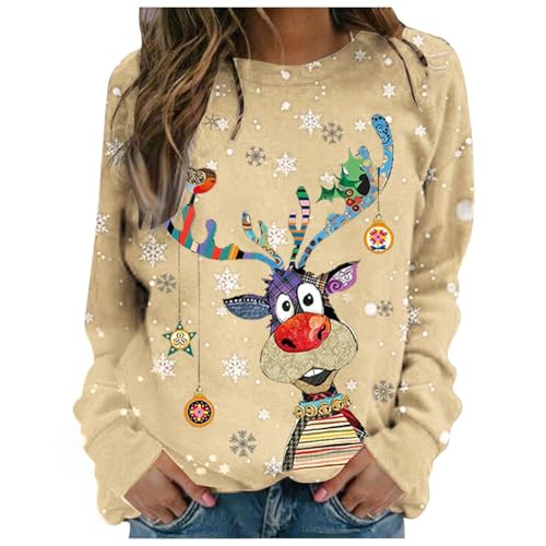 Lggwunsi Jersey Navideño Mujer Sudaderas de Estampado Jersey Navideño Reno Sudaderas Navideñas para Mujer Sudadera De Manga Larga Sudadera De Cuello Redondo Camisetas De Gran Tamaño