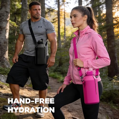 Image of POWCAN 64 oz Insulated Water Bottle with 2-in-1 Straw Spout Lid, Leakproof, Carrier Bag, Shoulder Strap, Keep Cold 48H, Half Gallon Stainless Steel Water Jug for Men, Sports, Camping, Fitness (Indigo)