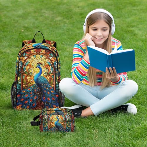 Backpack Peacock Stain Glass for School Girls Boys, Backpack for Women Men, Lightweight Bookbag with Lunch Box Travel Laptop Daypack 18.5” x 11.8”2