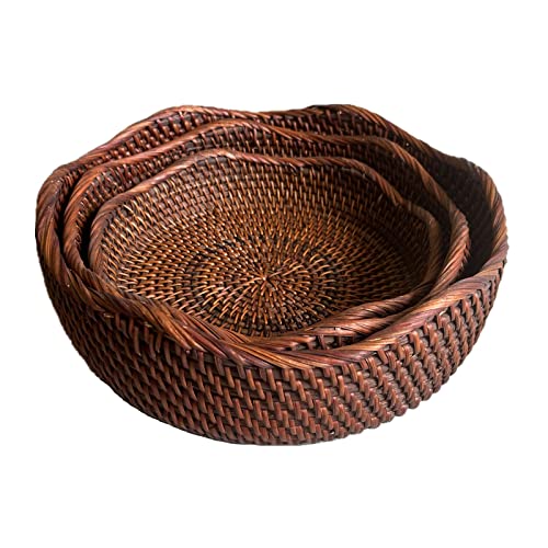 3 Pack Rattan Round Fruit Basket Food Storage Bowls Kitchen Organizer Snack Serving Bowl 9 10 11 Inch Wavy Edge Circle Tray Basket With 3” Deep Wall, Dark Brown Décor Display Tray Bowl 3-Size #TOP30
