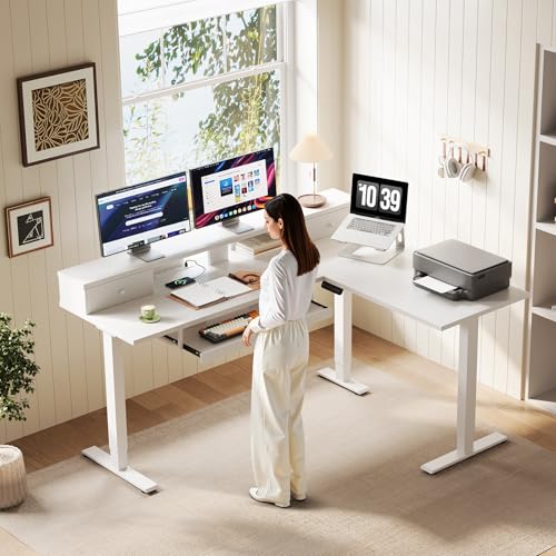 Image of OffiGo 59 Inch L Shaped Electric Standing Desk with Drawers, White