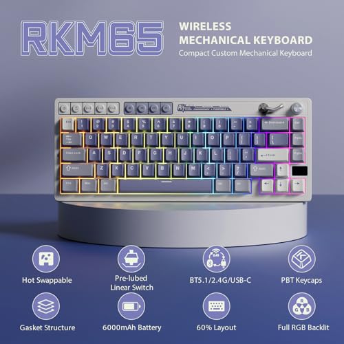 Image of RK ROYAL KLUDGE M65 Wireless Mechanical Keyboard with Volume Knob, 60% Tri-Mode Gaming Keyboard 2.4G /BT /USB-C, Gasket Mount, Battery Display, PBT Keycaps, Hot-Swappable Cream Switch, Blue