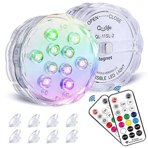 Coloré Éclairage LED Étanche avec la télécommande - Qoolife Lumière Submersible de LED RF Eclairage Magnetique à Distance pour Aquarium Baignoire Piscine Jardin Milieu Aquatique(2 Paquet) Cover