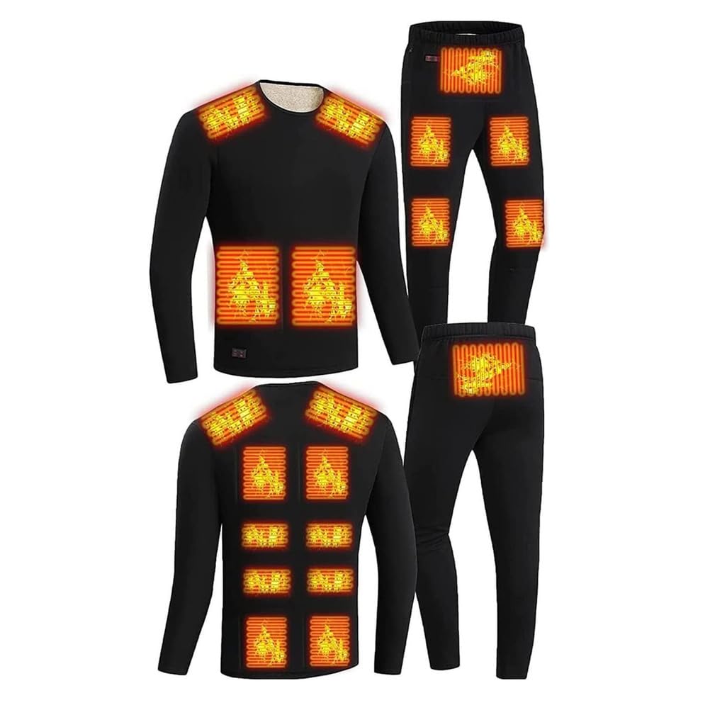 Conjunto de Ropa Interior Térmica Calefactada para Hombre, Conjunto de Camiseta y Pantalón Térmicos Calefactados Inteligentes USB de 18 Zonas, Capa Base Calefactada para Invierno,Negro,XL