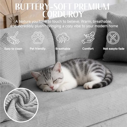 Image of 79'' Convertible Sofa Bed, 6 in 1 Folding Floor Futon Couch Sleeper with Fixed Frame, Corduroy Modular Sofa Bed with Removable Armrests & Pillows, No Assembly for Living Room Bedroom (Light Gray)