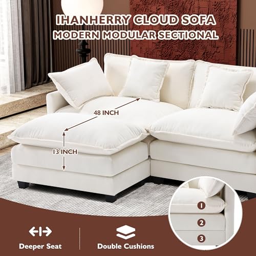 Image of Ihanherry 77 inch L Shaped Modern Sofa Modular Sectional Cloud Couch with Ottoman, 3-Seat Chenille Deep Seat Sofa with Pillow for Living Room, Bedroom and Apartment, Beige