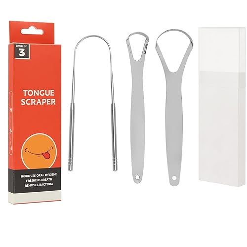 Miniatura 1 de Raspador de lengua de metal para adultos con estuche de viaje, paquete de 3, limpiador de lengua fácil de transportar para adultos con estuche,