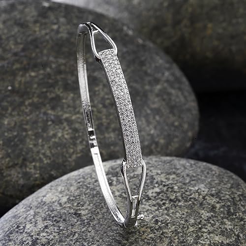 Image of ZENEME Rhodium-Plated Silver Toned American Diamond Openable Hinged Kada Bracelet for Women & Girls | CZ Studded Designer Hand Jewellery