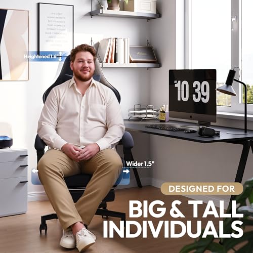 Image of Dowinx Gaming Chair Fabric Big and Tall with Pocket Spring Cushion, Massage Game Chair Cloth with Headrest, Ergonomic Computer Chair with Footrest 350LBS, Black White
