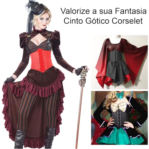 Cinto Gótico Corselet Espartilho + Flor Cabelo e Broche (BR, Alfa, Único, Regular, Vermelho)