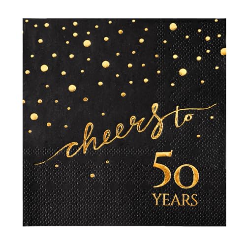 100 Pack of 50th Birthday Napkins, Cheers to 50 Cocktail 5x5 Inches Party Paper Napkins for Birthday Decorations Wedding Anniversary Black and Gold, 3-Ply
