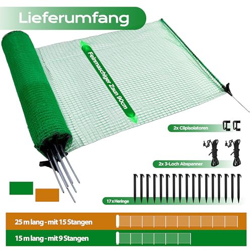 Signstek Weidezaun, mobiler Zaun 90 cm hoch, 25m lang, 15 Pfähle, Gartennetz, Campingzaun, Hühnerzaun, Hundezaun, Absperrzaun, Steckzaun, Begrenzungszaun