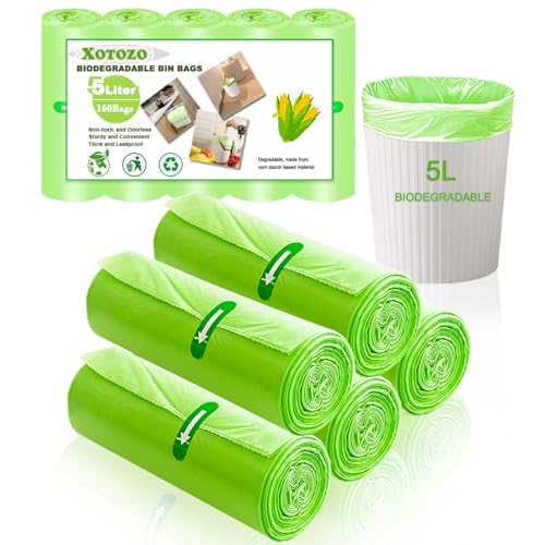 5L Biodegradable Bin Liners 160 Bags Small Food Waste Bags 5 Litre/1.2 Gallon Strong Compostable Caddy Liners Recycling Degradable Trash Bag for Kitchen Bathroom Garden Office Green 40 x 45cm