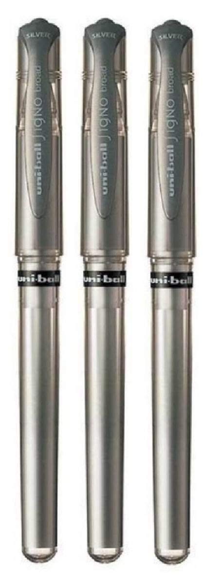 Uni Ball Silver Signo Pen Broad Metallic Gel Ink Rollerball Metal 1mm Tip Nib 0.65mm Line Width With Rubber Grip UM-153 (Pack Of 3)