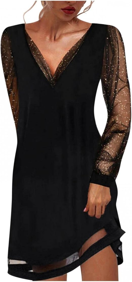 CHAOEN Women Dress Black Chiffon Dress Sheer Lace Long Sleeve V Neck Classic Casual Dress, 02 - Black