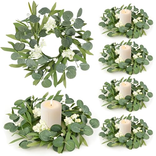 Image of 6 Pcs Green Artificial Eucalyptus Candle Rings Wreaths Mini Green Summer Kitchen Cabinet Wreath Table Centerpieces with White Berry for Pillars Farmhouse Porch Front Door Wedding Decor