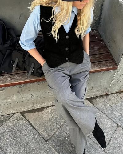 Image of Women's Sweater Vest Tops，Sleeveless V Neck Button Down Knit Vest