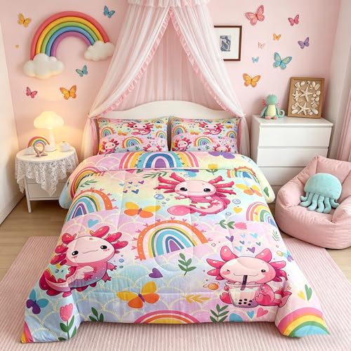 Feelyou Cute Axolotl Twin Bedding Set for Girls Gifts Cartoon Salamander Comforter Set Kids Rainbow and Butterflies Ombre Duvet Quilt Kawaii Ocean Sea Animal Bedroom Collection 2Pcs