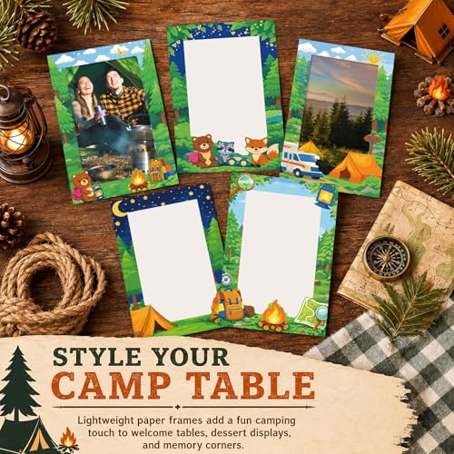 Image of AmazingSpark 50 Pack Camp Picture Frames Bulk, DIY Camping Craft Photo Frames for Classroom Camping Party Photo Booth, Woodland Table Decorations, 5 Paper Styles, 10 Each