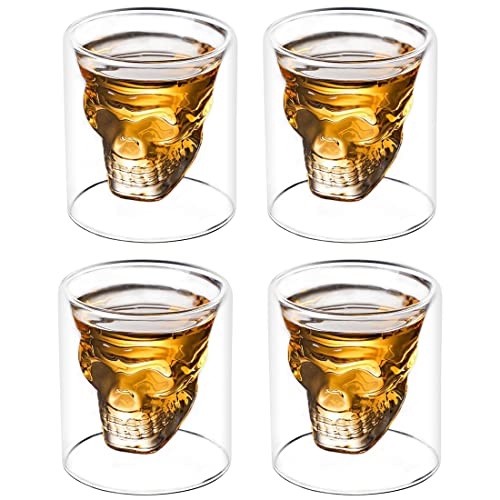 Deckaly Crystal Skull Shot Glasses Double Wall Glass Cup Set Of 4, 2.5 Oz Whiskey Shot Glasses, Party & Bar Decor Drinking Glassware For Whiskey, Vodka, And Cocktail #TOP14