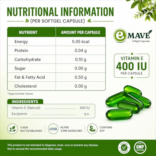 Image of Vitamin E 400 IU Softgel Capsules for Face & Hair, 100 Capsules | Vitamin E 400 IU Softgel Capsules, Natural Vitamin E Capsules, Vitamin E Capsule for Face, Suitable for Men & Women