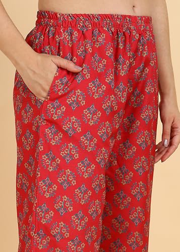 Image of Cotton Printed Co-ord Set, Red Rose, 3 /4 Sleeve Top with Mandarin Neck, Regular Fit Pants, Casual Wear