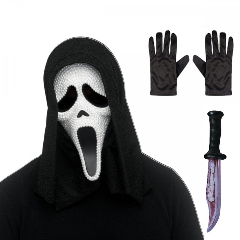 Adult Unisex Official Scream/Ghost Face Pearl Mask with Hood + Black Gloves + Bloody Blade ; Halloween Fancy Dress Accessory Set