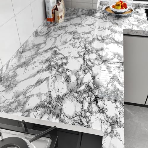 HotDecor Kitchen Worktop Covering Vinyl Self Adhesive Grey Marble Wallpaper Glossy Kitchen Cupboard Vinyl Wrap Waterproof Sticky Back Grey Wallpaper for Living Room Furniture Stickers 40cm x 200cm